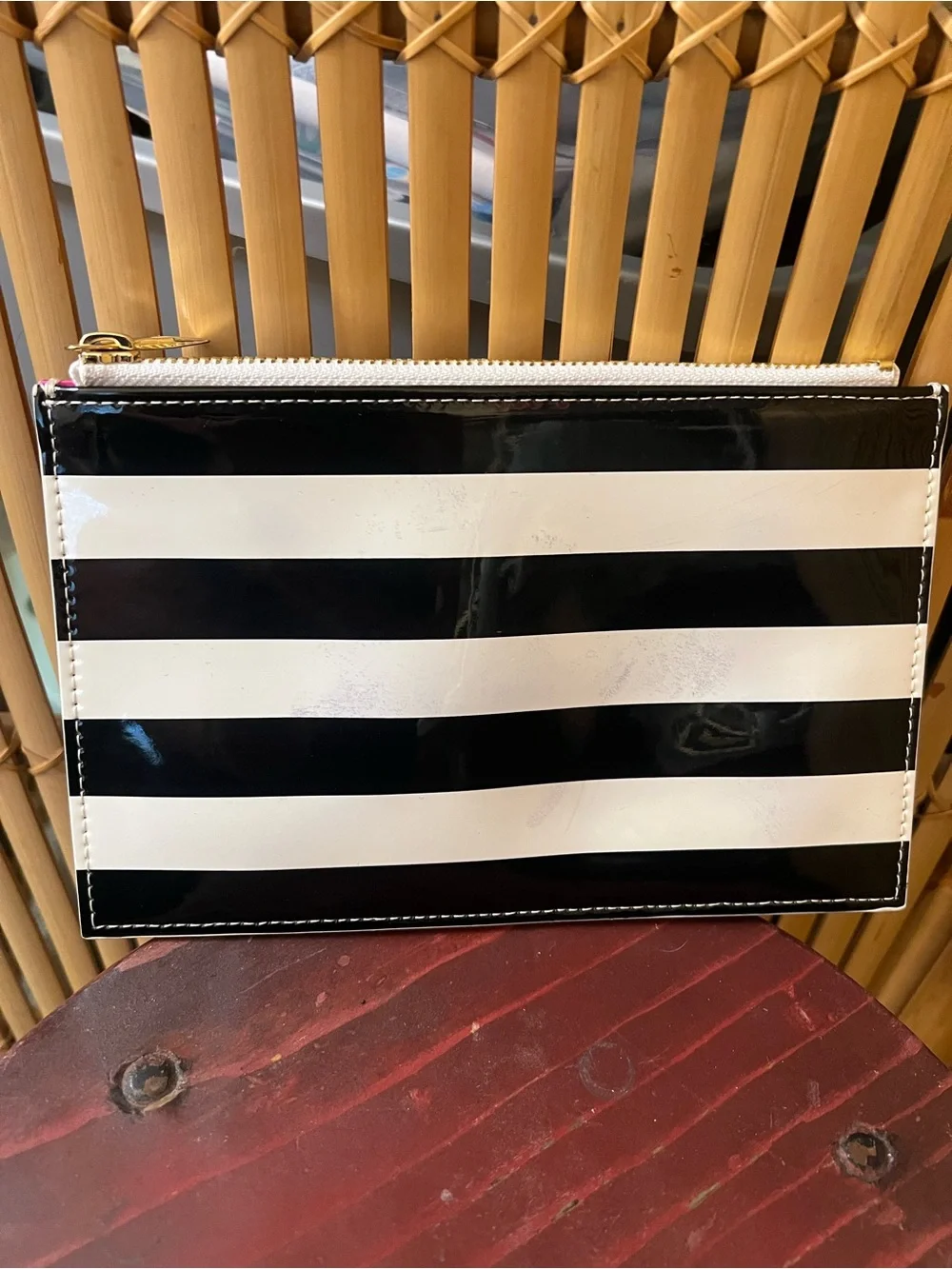 kate spade Black and White Striped Patent pouch